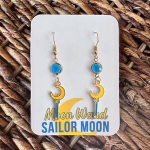 New Handmade "Moon Wand" *Sailor Moon" Dangle Earrings with Faux Aquamarine Gem
